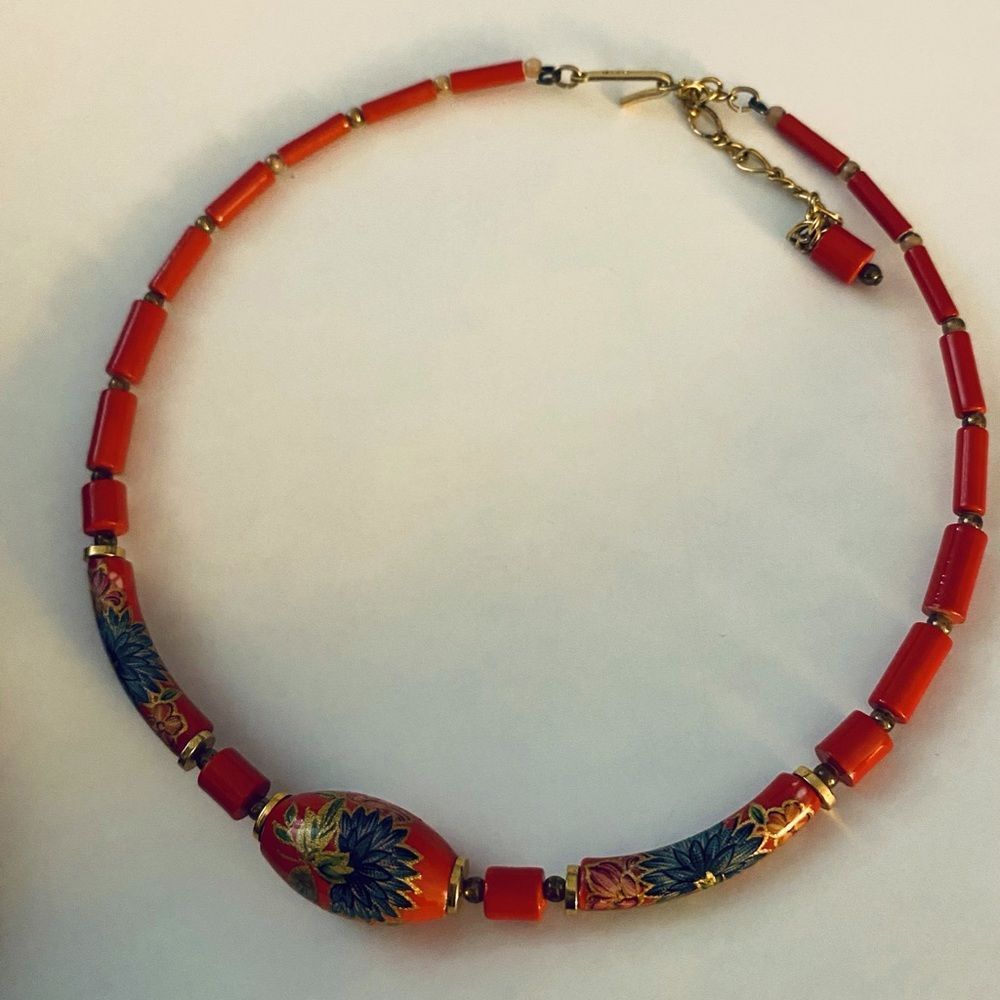 Beautiful Red with Blue Florals Choker necklace